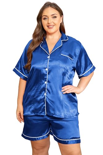 Image of Vozanet Women's Short Sleeve Satin Pajama Sets Silky Ladies Button Down Loungewear Plus Size Nighty Shorts Sets XL to 5XL