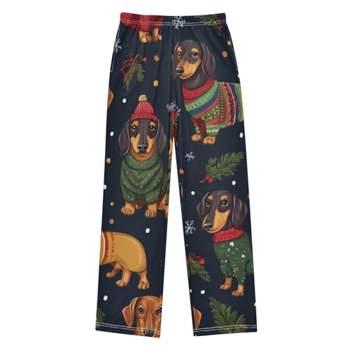 ZZXXB Christmas Dachshund Holly Leaves Boys Long Pants Soft Trousers Elastic Waist Kids Lounge Bottoms with Pockets S-XL