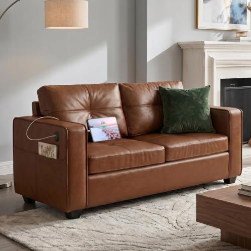 Image of TYBOATLE 65'' Brown Faux Leather Loveseat with USB, 2-Seater Sofa | Modern Tufted Design, Wide Arms, Comfy Seating, USB Charging Ports, Living Room, Office, Bedroom, Apartment, Small Spaces