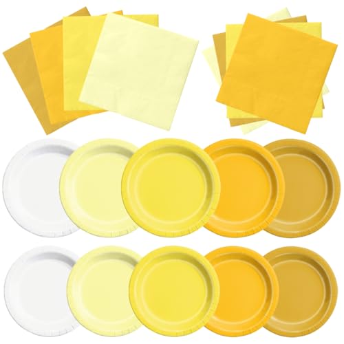 Image of CMUSKO Yellow Birthday Decorations - 60pcs Light Yellow Plates and Napkin Gradient Disposable Tableware for Birthday,Baby Shower,Wedding