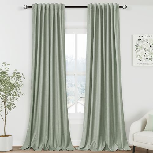 Image of Desert Sage 100% Blackout Linen Curtains 108 Inches Long for Bedroom Back Tab Thermal Insulated Modern Farmhouse Decor Black Out Curtain for Living Room Floor to Ceiling High Window 52x108, 2 Panels