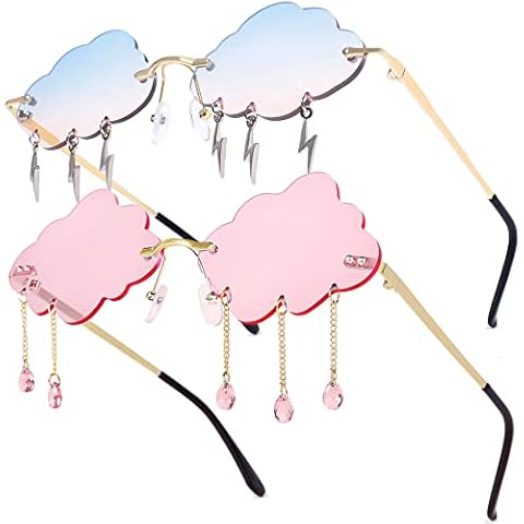 Aeergured 2 Pairs Cloud Shaped Sunglasses Rimless Tassel Lightning Cute Sunglasses Funny Trendy Vintage 90s Disco Glasses Cover