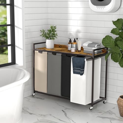 Herture-Laundry-Hamper-with-Shelf-Laundry-Basket-4-Section-Laundry-Sorter-with-Pull-Out-Removable-Large-4-Color-Bags-and-Movable-Wheels-Metal-Frame-4-x-1587-Gallons-60L-Rustic-Brown-PF07XLN