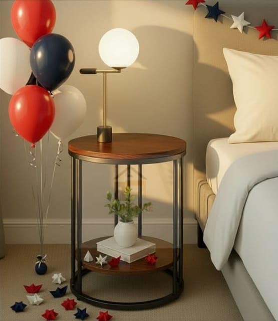 Image of 2 Tier Round Coffee Table with Brown MDF Wood Top, Gold Metal Frame & Storage Shelf |Table for Living Room, Bedroom, Balcony & Office | Modern Compact Accent Furniture for Home Decor