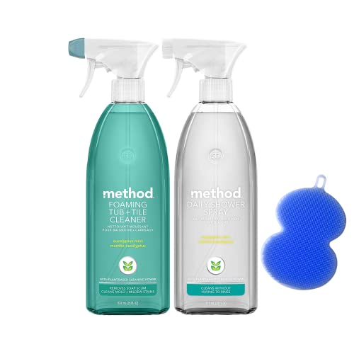 Daily Shower Cleaner Spray 28 Ounce, Foaming Tub And Tile Cleaner 28 Ounce, Eucalyptus Mint Scent With Reusable Multipurpose Silicone Sponge, Sponges For Dishes Scratch Free. Bundle Of 3 Items. Daily Shower Cleaner Spray 28 Ounce, Foaming Tub And Tile Cleaner 28 Ounce, Eucalyptus Mint Scent With Reusable Multipurpose Silicone Sponge, Sponges For Dishes Scratch Free. Bundle Of 3 Items.