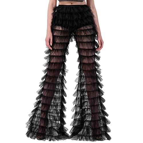 Women's Tiered Ruffled Long Pants Sheer Mesh Multi Layer Wide Leg Pants Flare Tulle Cover Up Pants Beach Wear