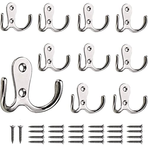 Crochet de Manteau 10 Pièces Double Métal Crochets et patères Rangement avec Vis pour la maison, étagères, tiroirs, Casiers (Silver)