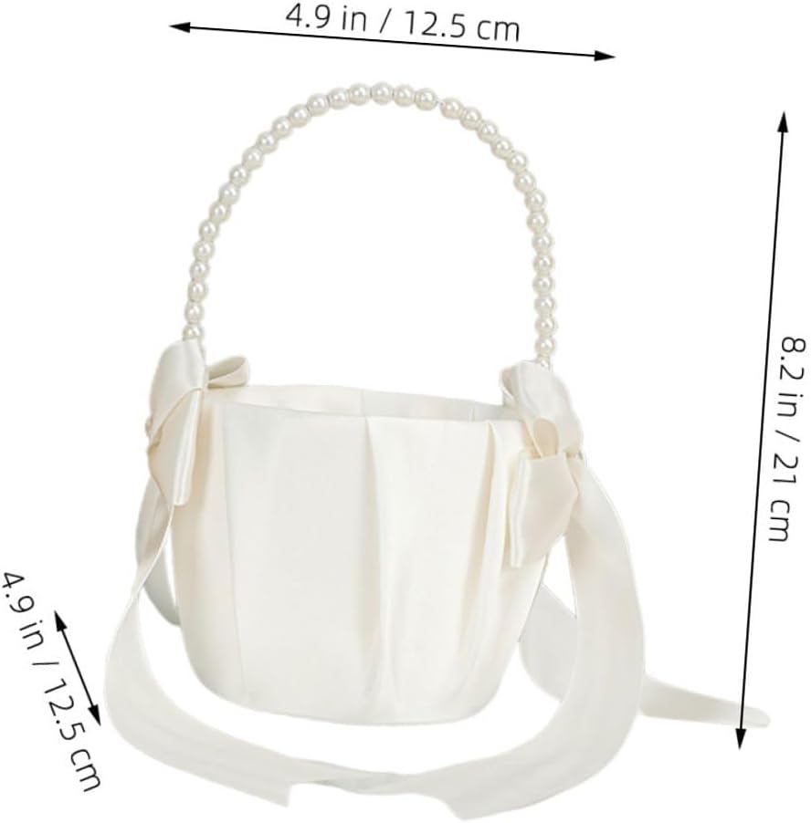 Pearl Bowknot Flower Girl Basket with Handle, Portable Wedding Party Flower Basket for Ceremony Decoration,