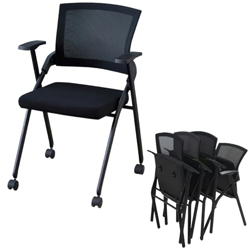 Murongun 折りたたみ椅子 4脚セット ミーティングチェア 会議椅子 キャスター付き アームレスト メッシュ背もたれ オフィスチェア ブラック