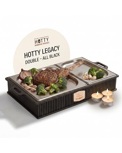 HOTTY Legacy Warmhalteplatte fürs Grillen – BBQ-Design Speisenwärmer mit personalisierbarem Batch – Stövchen für Grillgut mit Kerzen – Personalisiertes BBQ-Board für Grillpartys (All Black, L)