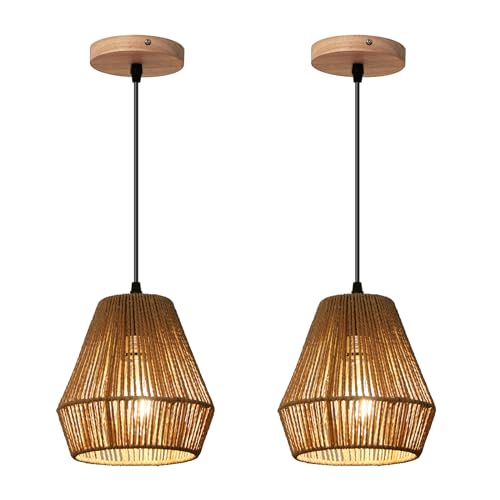 WBinDX 2 Pack Rattan Pendant Light Fixtures, 7'' Mini Boho Kitchen Island Pendant Lights Set of 2 Hand Woven Wicker Coastal Natural Small Hanging Light Fixture for Bedroom Dining Room Bar Hallway