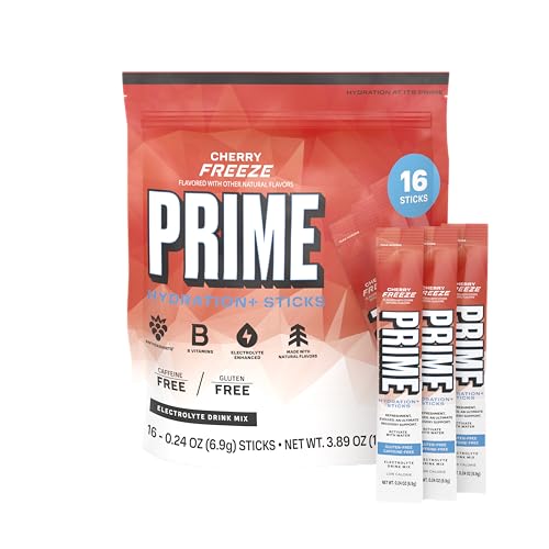 PRIME HYDRATION+ Electrolyte Powder Sticks Cherry Freeze Sugar Free Hydration Drink Mix with Potassium Magnesium & B Vitamins to Replenish Fluids Caffeine Free 16 Count