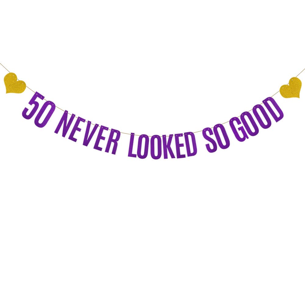 50 NEVER LOOKED SO GOOD Banner, Pre-Strung,Purple Glitter Paper Banner Sign Garlands,50th Birthday Party Decorations Supplies,Letters Purple,