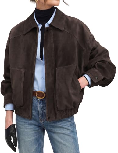 GRACE KARIN Women's Faux Suede Jacket Fall Long Sleeve Coat Coffee M