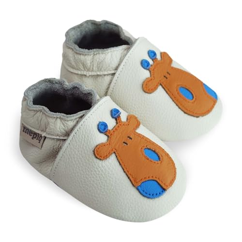 mepiq Toddler Moccasins Baby Shoes with Suede Sole, Soft Leather Anti Slip Crib Walking Baby Shoes Suitable for Indoor First Walking Giraffe - White 12-18Months