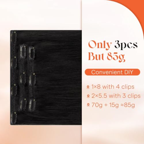 Image of Sunny Hair Clip in Hair Extensions Real Human Hair Jet Black 18 Inch | Remy Hair Extensions Clip ins for Women Soft Texture, Natural Looking for Thin Hair, Soft Blend for Everyday Styling 85g