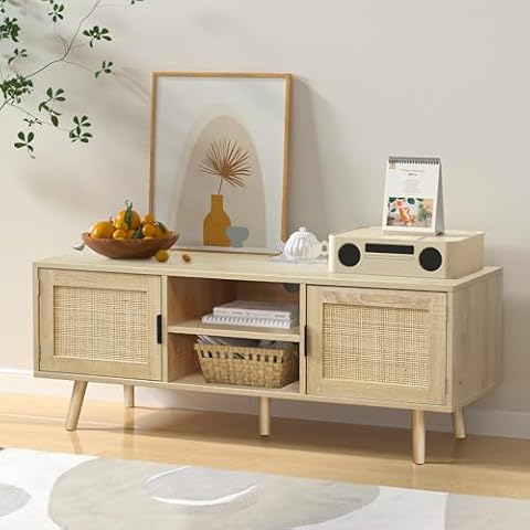 Anmytek Farmhouse Rattan TV Stand Modern Wood Media Entertainment Center Console Table for TVs up to 55 Inches with 2 Doors and 2 Open Shelves, Natural Oak, H0015 Cover