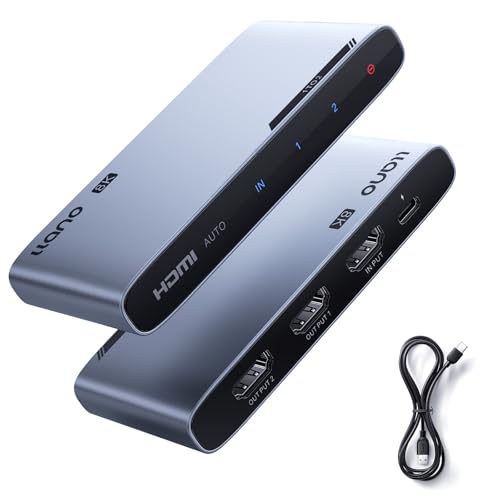 HDMI 2.1 1 in 2 Out Splitter 8K@60Hz 4K@120Hz/240Hz HDCP 2.3 HDR10 Dolby Vision Aluminiumgehäuse HDMI 2.1 Splitter for Xbox Series X/Apple TV/Laptop/Monitor/Projector etc.