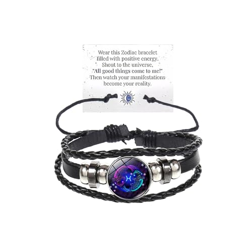 bike8 Zodiac Signs Spirit Bracelet Multilayer Adjustable 12 Constellation Black Leather Bracelet Handmade Woven Zodiac Sign Wrap Bracelet Birthday Jewelry Gifts for Women Men (Pisces)