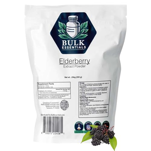 Bulk Essentials Elderberry Extract Powder W/Maltodextrin 250g for Immune Support & Antioxidant Wellness USA Made Supplement for Men & Women Non-GMO Gluten-Free 175mg Per Serving