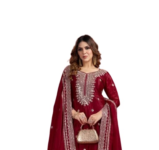 Image of Women's Heavy Embroiderd Work Purple Color Weding Wear Straight Kurta Sharara Set for Women with Dupatta