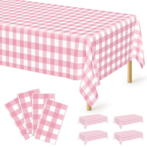 Image of 4Pack Pink Table Cloth, 54 inch x 108 inch Plastic Table Cloth Disposable, Waterproof Picnic Table Cover Checkered Rectangle Tablecloths for Indoor Outdoor Picnic Birthday Party Supplies Gathering BBQ Holiday