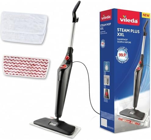 Vileda Steam Plus XXL Dampfreiniger für Böden und Teppiche mit PowerPad und 2 Mikrofaserbezügen | 40 cm Wischerplatte | 15 Sek. Aufheizzeit | Comfort-Pack