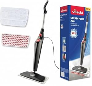 Vileda Steam Plus XXL Dampfreiniger | Hygienischer Bodenreiniger mit PowerPad und 2 Mikrofaserbezügen - Für große Flächen, Fliesen, Laminat & Parkett | Aufheizzeit: 15 Sekunden | Comfort-Pack