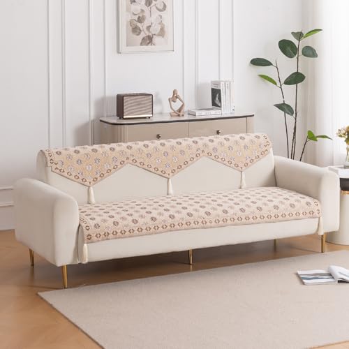 Image of HOKIPO 'Heritage Weave' Premium Jacquard Sofa Cover 6 Seater Set with Tassels - Washable 3+2+1 Sofa Panel for Seat & Back | Sandy Beige (IN-831-830-829 + IN-859-858-857-BGE)