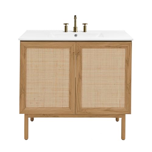 Image of Classe 36 inch Freestanding Bathroom Vanity in Golden Oak with 3-Hole Widespread Sink TopFreestanding Installation: Transform Your Bathroom with This freestanding Vanity