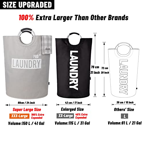 Caroeas Super Large 150L Laundry Basket Pro, Waterproof Laundry Hamper, Collapsible Laundry Basket Easy Storage, Clothes Hamper Stands Up Well, Laundry Bag with Padded Handles (Light Grey)