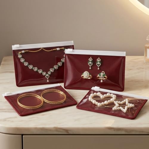 skLazo Jewellery Organiser Pouch Set of 20 | 12.7x18 cm | Transparent Front & Velvet Inside | Zip Lock Storage for Earrings, Rings, Necklaces & Accessories | Maroon