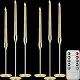 Baquler Set of 6 Flameless Taper Candles and Candlestick Holder with Remote and Timer LED Candlesticks Decoration for Dining Table Fireplace Party Home Wedding Anniversary(Gold)