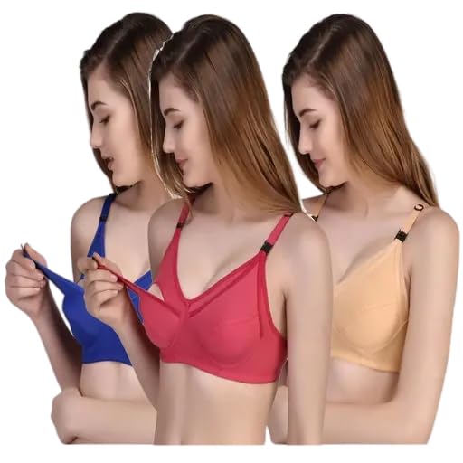 Women’s Feeding Bra for Breastfeeding Pack of 3 Combo Seamless Wireless Maternity Bra with Front Open Nursing Clips_Beige Royal Blue & Red-image-4