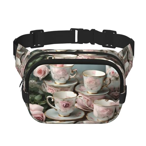 Tazas de té con rosas riñoneras románticas para hombre y mujer, riñonera de moda para entrenamiento, correr, viajes, senderismo, Negro 1, One size