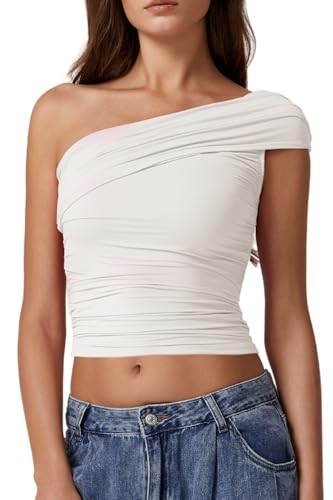 QINSEN One Shoulder Going Out Tops for Women Fold...