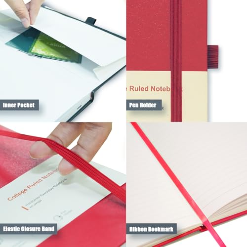 Image of A5 Hardcover Journal Notebooks 6 Pack, Lined Notebook for Writing Work School, 100 GSM Thick Paper, 160 Pages, College Ruled Journal with Pen Holder, Inner Pocket, Ribbon Bookmark and Elastic Closure, 6 Colors