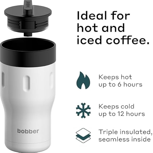 BOBBER 12 oz Stainless Steel Insulated Coffee Cup with Lid ¨C 100% Spill-Proof Commuter Mug for Car Cup Holder ¨C Dishwasher Safe Thermal Coffee Mug for Men, Women, Keeps Hot for 6 Hours (White)