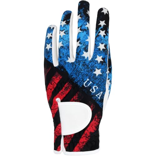 GOLTERS Golf Gloves for Men and Women Left Hand for Right Handed Golfer The American Flag Printing Synthetic Leather Lycra Fiber Adjustable Closure (Men's USA Flag Golf Gloves, Large)