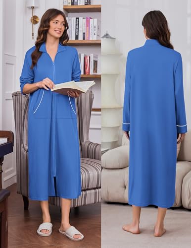 Image of Ekouaer Zipper Robes for Women Long Sleeve Lightweight House Coats with Pockets Zip Up Bathrobe Loungewear S-3XL