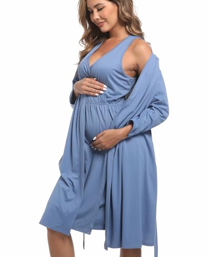 QTECLOR Mommy Robe Set for Maternity with Matching Swaddle Blanket, Delivery Labor Gown Robe for Hospital Women Dress2