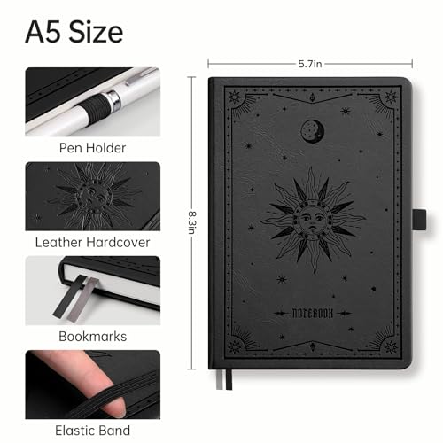 Image of EMSHOI Graph Grid Journal Notebook, 192 Pages, A5 Size (5.7'' x 8.3'') | Leather Hardcover, 100 GSM Thick Paper, for School, Note Taking, Math, Engineering, Sun Debossed (Black)
