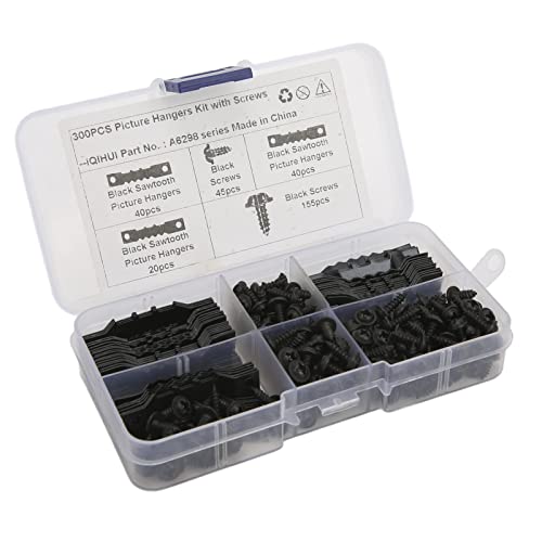 Image of 100Pcs Sawtooth Picture Hangers Stable Seamless Sawtooh Frame Hanging Hooks with 200Pcs Screws (Black)