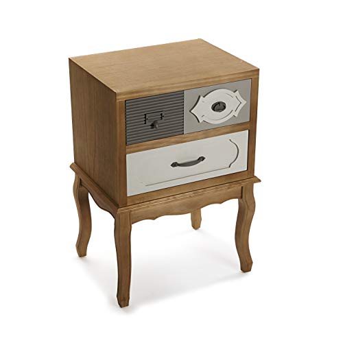 Versa 21080043 Mesilla De Noche Provenzal 2 Cajones, Madera de Pino de Nueva Zelanda, Blanco/Gris/Beige/Natural, 50 X 36.5 X 48 Cm