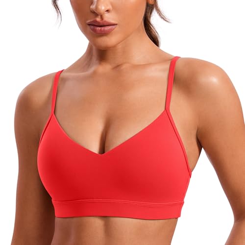 CRZ YOGA Butterluxe V-Neck Sports Bras for Women - Adjustable Thin Straps Padded Yoga Top Basic Wireless Camisole Deep Red Medium