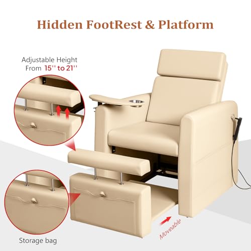 OmySalon Electric Pedicure Chair w/Adjustable Backrest, Movable Cup Holder & Hidden Storage Platform, Full-Floor Support Pedi Station for Professional Nail Tech Supplies Spa Salon (Bleached Sand) - Thumbnail 6