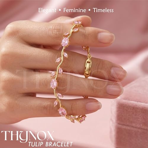 Image of THYNOX Tulip Bracelet for Women Stylish | Gold Plated Crystal Floral Jewellery | Adjustable Chain Wrist for Women & Girls Stylish | Elegant Tulip Bracelet for Women, Party & Daily Wear Accessory