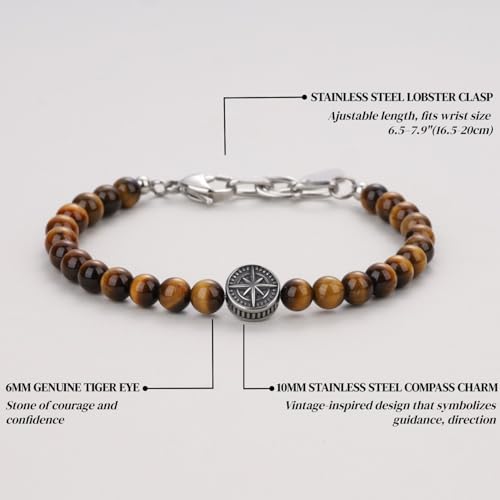 Pulsera para hombre con brújula y cuentas de piedra Tiger Eye miniatura 3