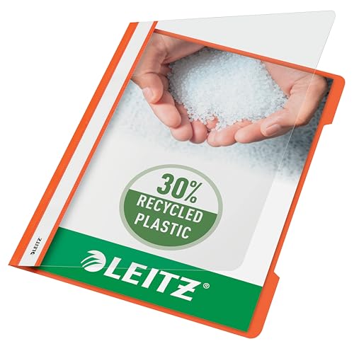 Leitz A4 Standard Schnellhefter, 25er Pack, 30% Pre-Consumer Recycling-Kunststoff, Hefter für A4-Blätter, 60 Blatt Kapazität, Ideal als Dokumententasche für Schule oder Büro, Orange, 41910045
