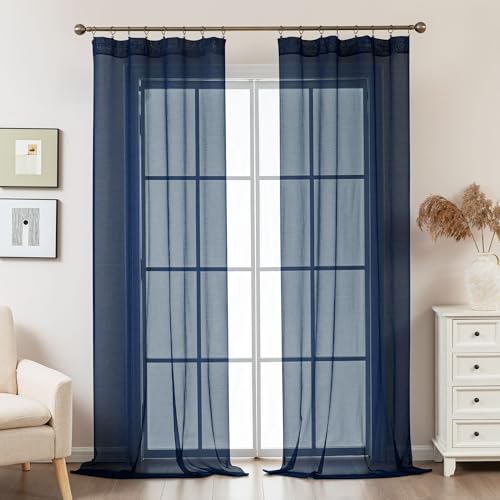 Image of Navy Blue Sheer Curtains 108 Inches Extra Long, Privacy Semi Sheer Curtains for Living Room Bedroom, Light Filtering Rod Pocket Voile Window Drapes 2 Panels Set, Each 42 inch W x 108 inch L